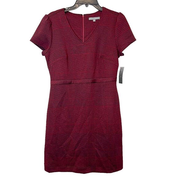 Burgundy Houndstooth Sheath Dress Career Professional Chic Cocktail Party - Picture 8 of 11